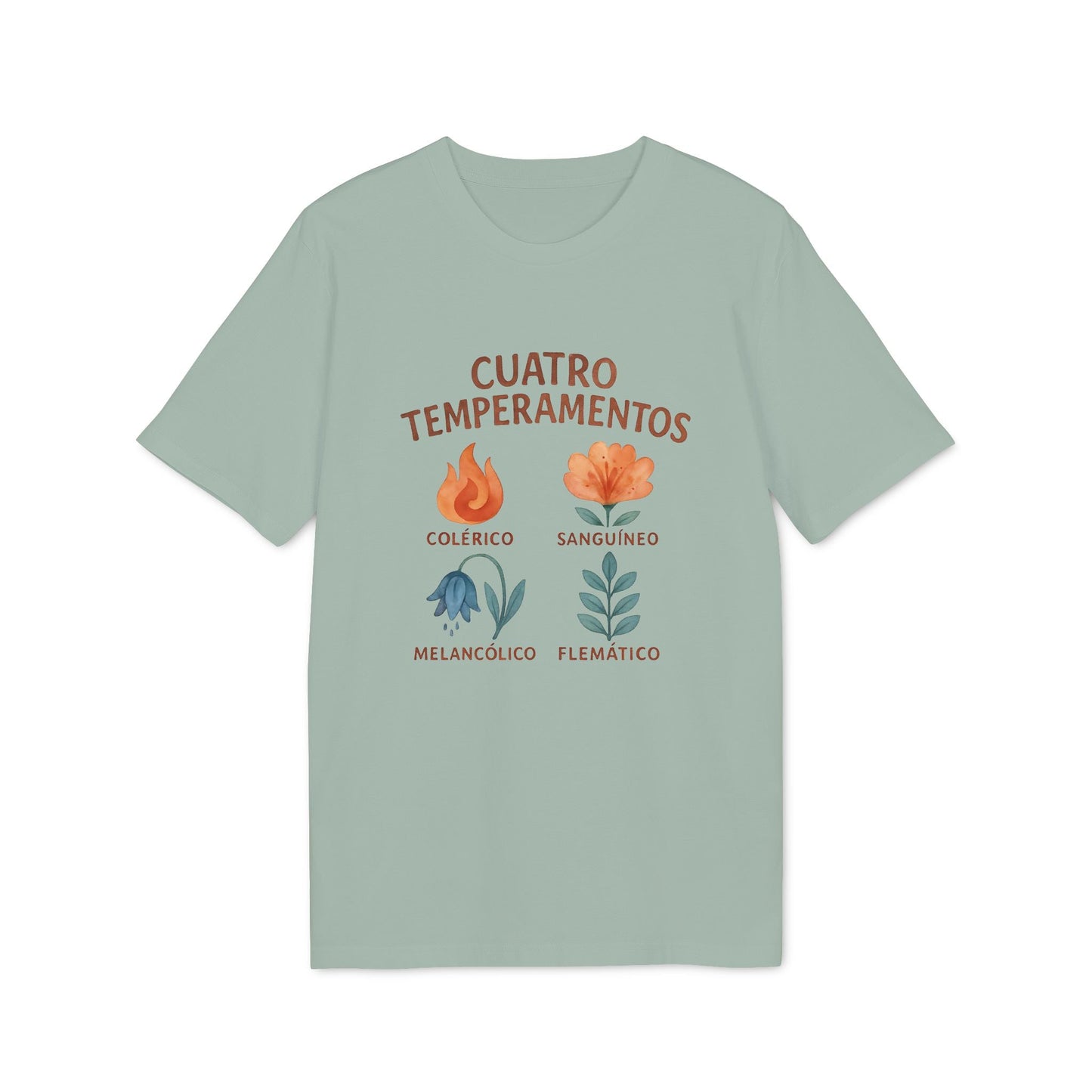 Cuatro Temperamentos Waldorf 100% Organic Cotton T-Shirt en verde salvia con diseño “Cuatro Temperamentos” y flores de temperamentos