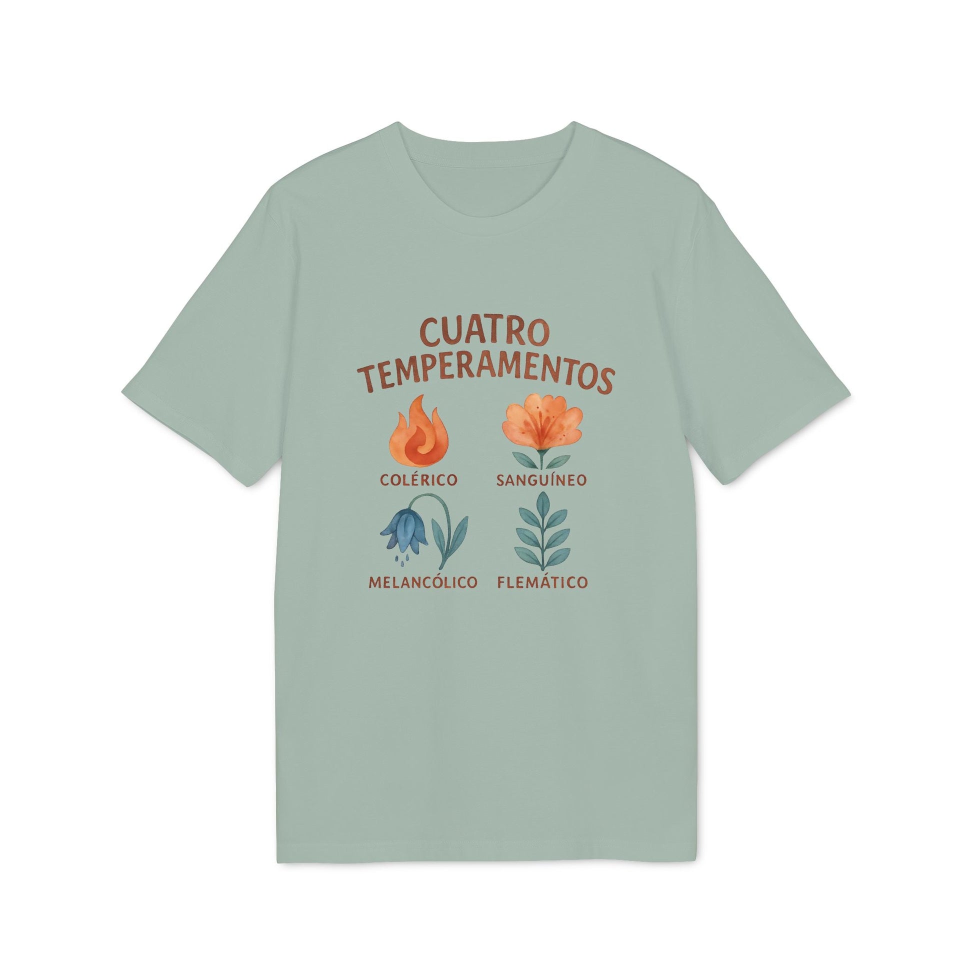 Cuatro Temperamentos Waldorf 100% Organic Cotton T-Shirt en verde salvia con diseño “Cuatro Temperamentos” y flores de temperamentos