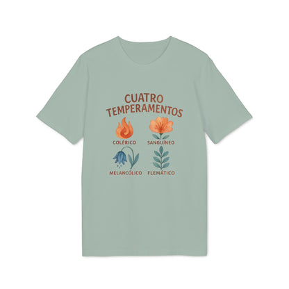 Cuatro Temperamentos Waldorf 100% Organic Cotton T-Shirt en verde salvia con diseño “Cuatro Temperamentos” y flores de temperamentos