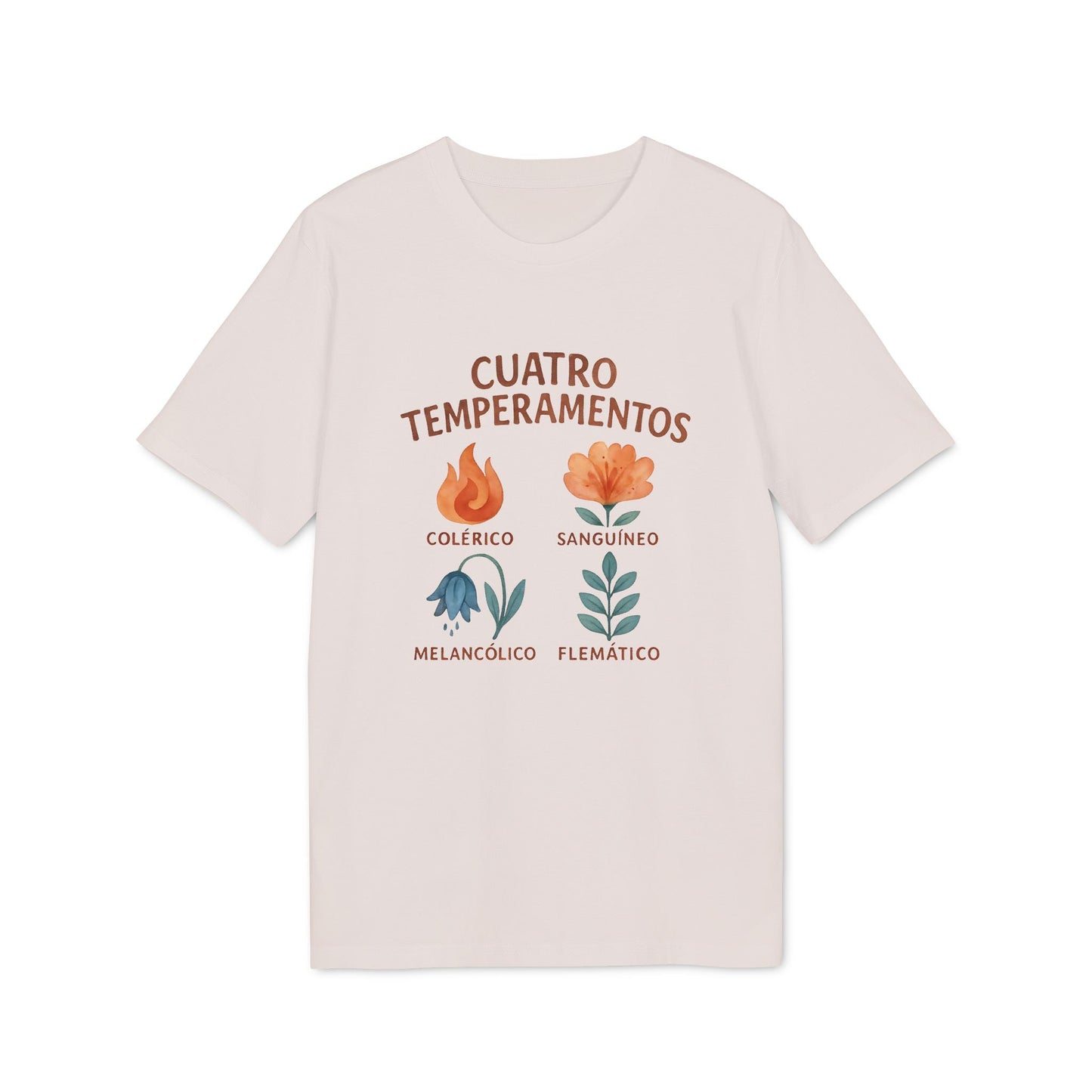 Cuatro Temperamentos Waldorf 100% Organic Cotton T-Shirt color crema con gráfico floral y texto Cuatro Temperamentos Colérico, Sanguíneo, Melancólico, Flemático