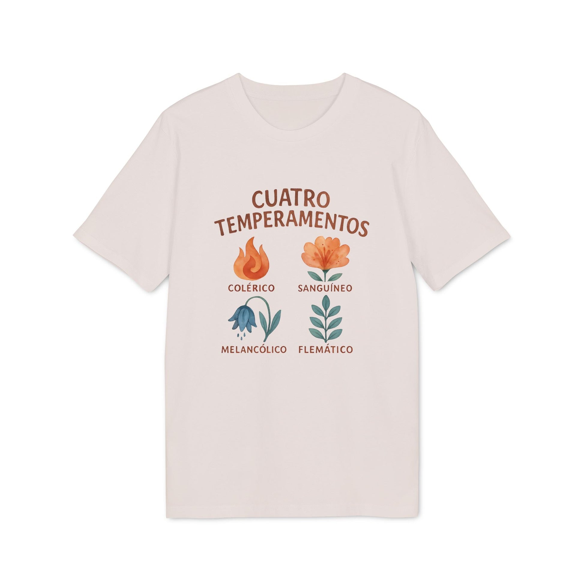 Cuatro Temperamentos Waldorf 100% Organic Cotton T-Shirt color crema con gráfico floral y texto Cuatro Temperamentos Colérico, Sanguíneo, Melancólico, Flemático