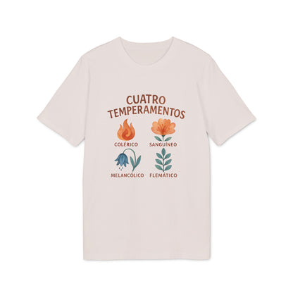 Cuatro Temperamentos Waldorf 100% Organic Cotton T-Shirt color crema con gráfico floral y texto Cuatro Temperamentos Colérico, Sanguíneo, Melancólico, Flemático