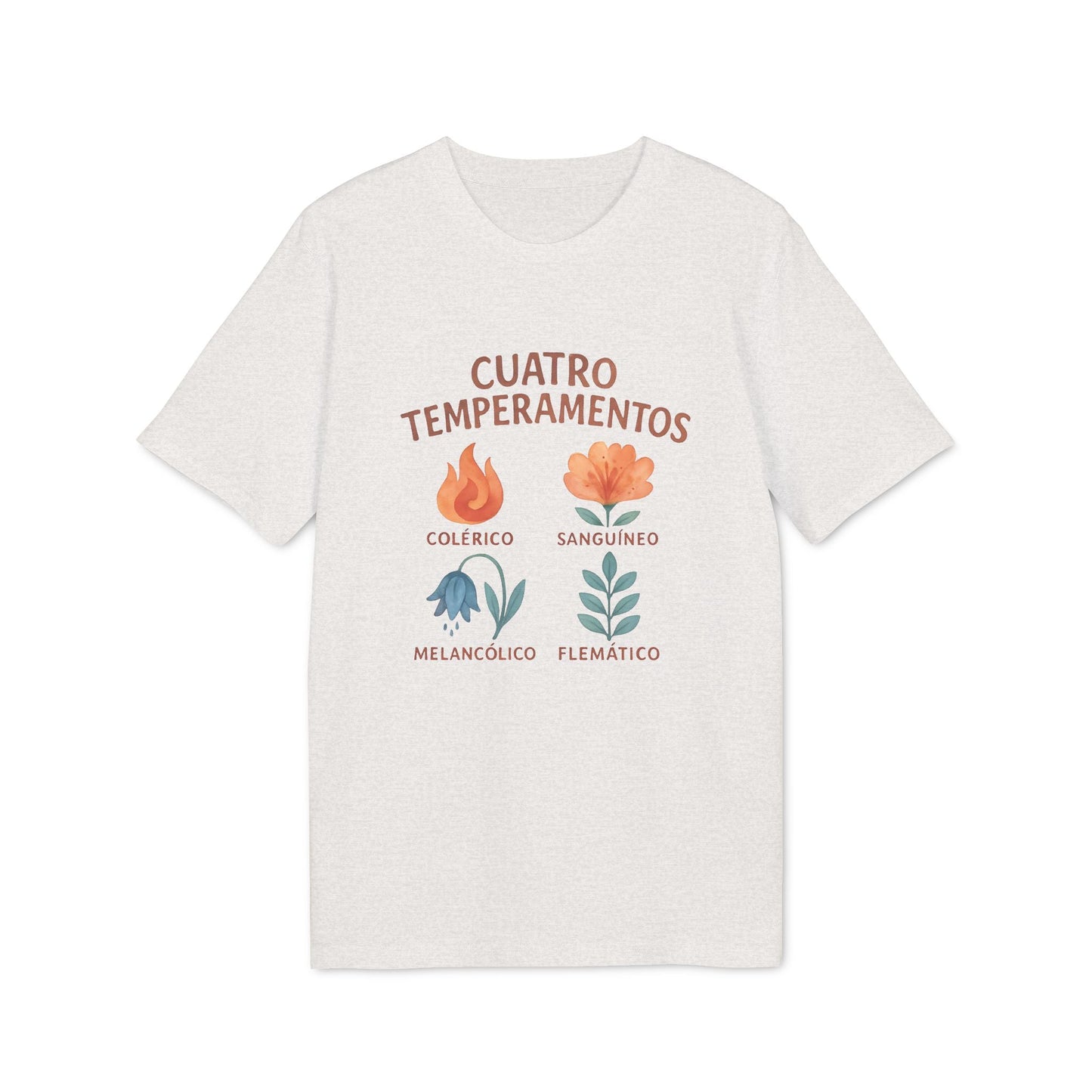 Alt Tag: Cuatro Temperamentos Waldorf 100% Organic Cotton T-Shirt blanca con diseño floral de los cuatro temperamentos: colérico, sanguíneo, melancólico y flemático
