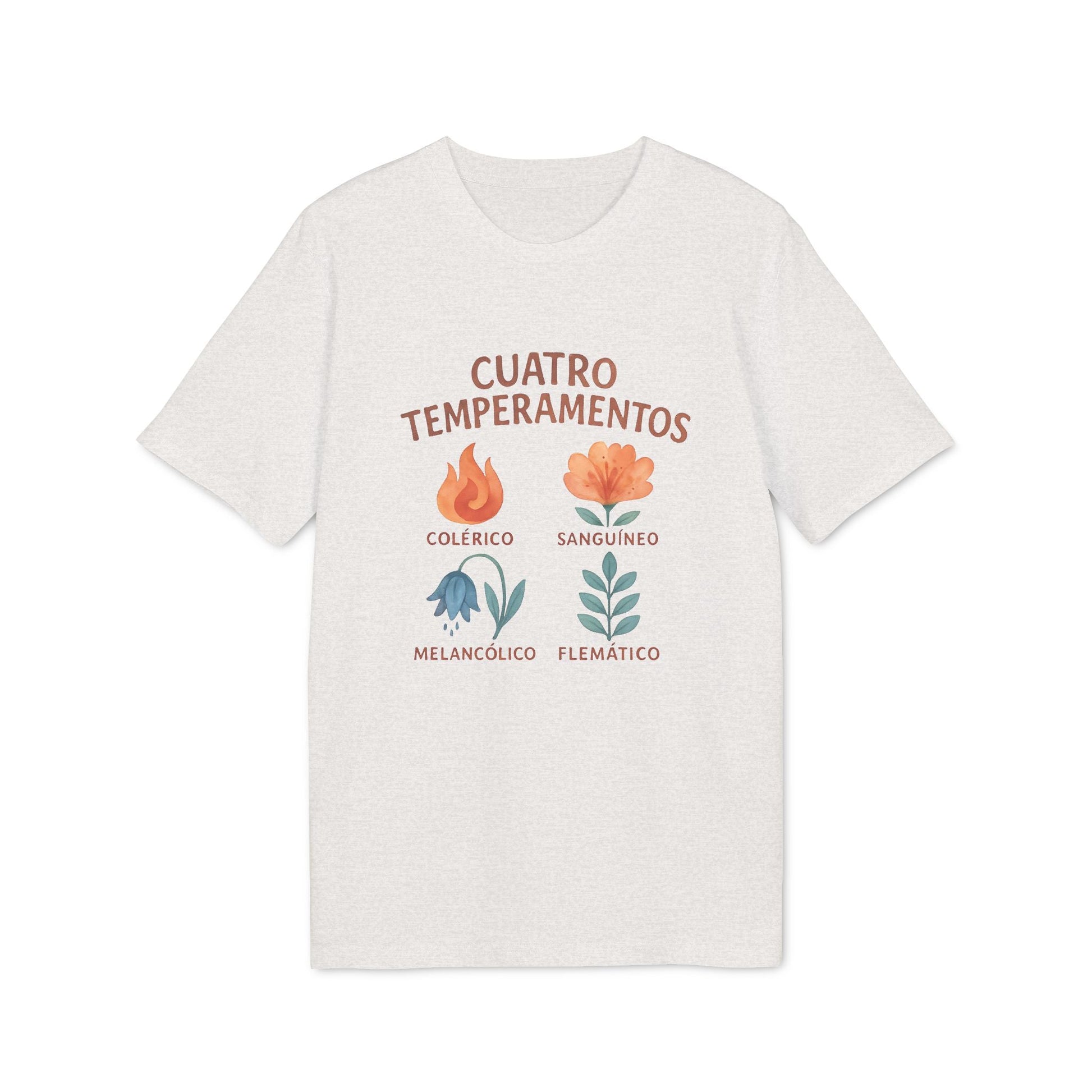 Alt Tag: Cuatro Temperamentos Waldorf 100% Organic Cotton T-Shirt blanca con diseño floral de los cuatro temperamentos: colérico, sanguíneo, melancólico y flemático