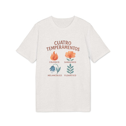 Alt Tag: Cuatro Temperamentos Waldorf 100% Organic Cotton T-Shirt blanca con diseño floral de los cuatro temperamentos: colérico, sanguíneo, melancólico y flemático
