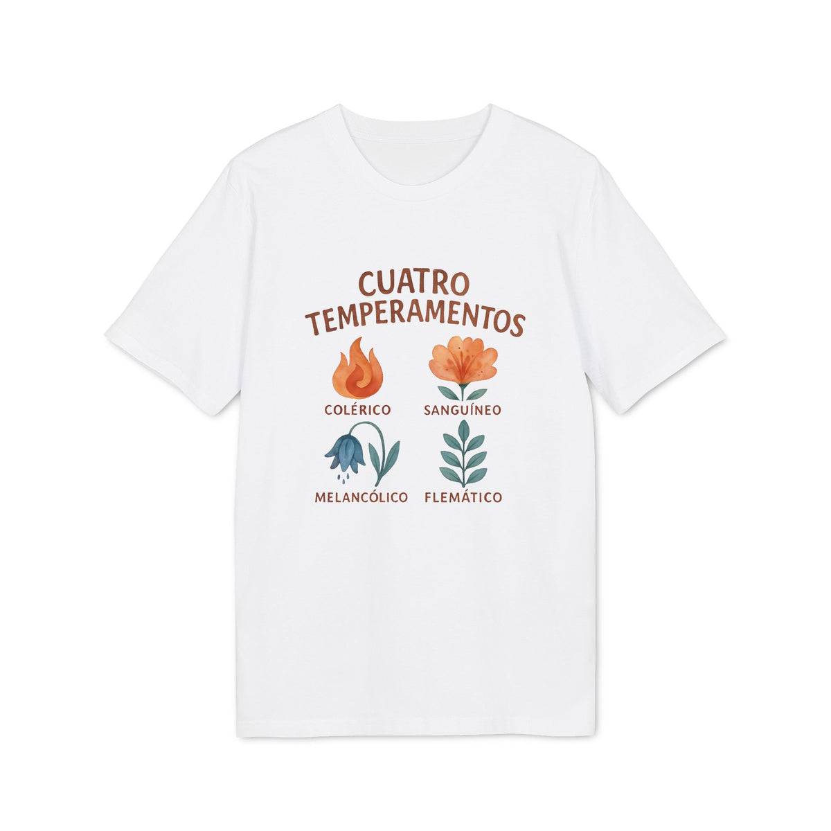 Cuatro Temperamentos Waldorf 100% Organic Cotton T-Shirt blanca con ilustraciones de flores y textos: colérico, sanguíneo, melancólico, flemático