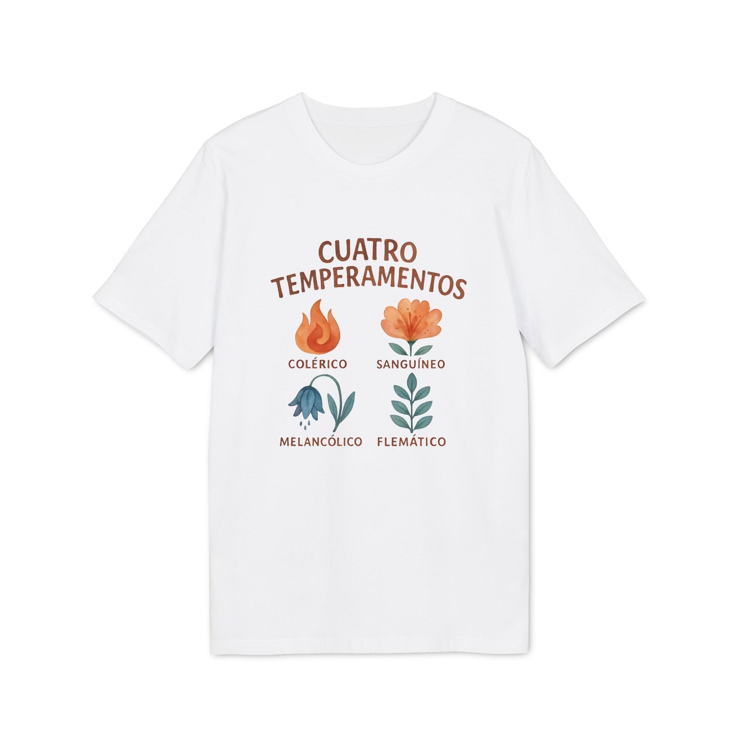 Cuatro Temperamentos Waldorf 100% Organic Cotton T-Shirt blanca con ilustraciones de flores y textos: colérico, sanguíneo, melancólico, flemático