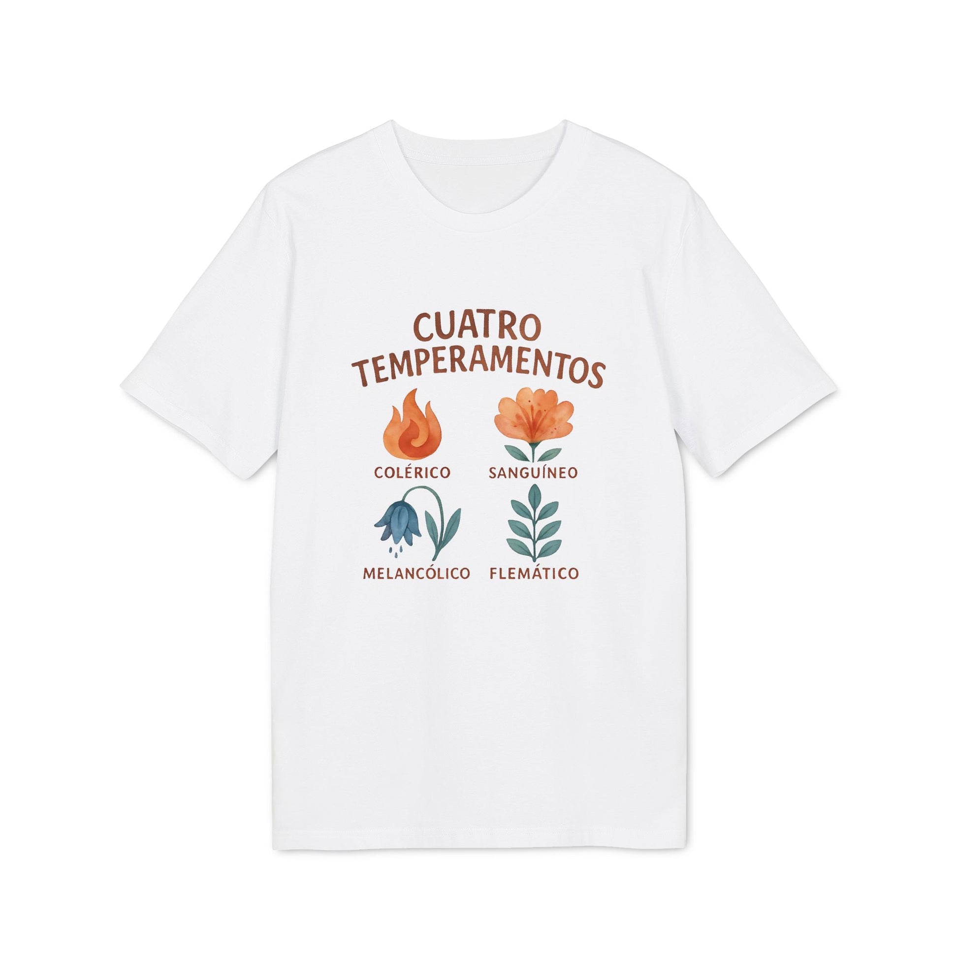 Cuatro Temperamentos Waldorf 100% Organic Cotton T-Shirt blanca con ilustraciones de flores y textos: colérico, sanguíneo, melancólico, flemático