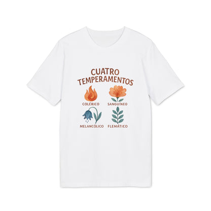 Cuatro Temperamentos Waldorf 100% Organic Cotton T-Shirt blanca con ilustraciones de flores y textos: colérico, sanguíneo, melancólico, flemático