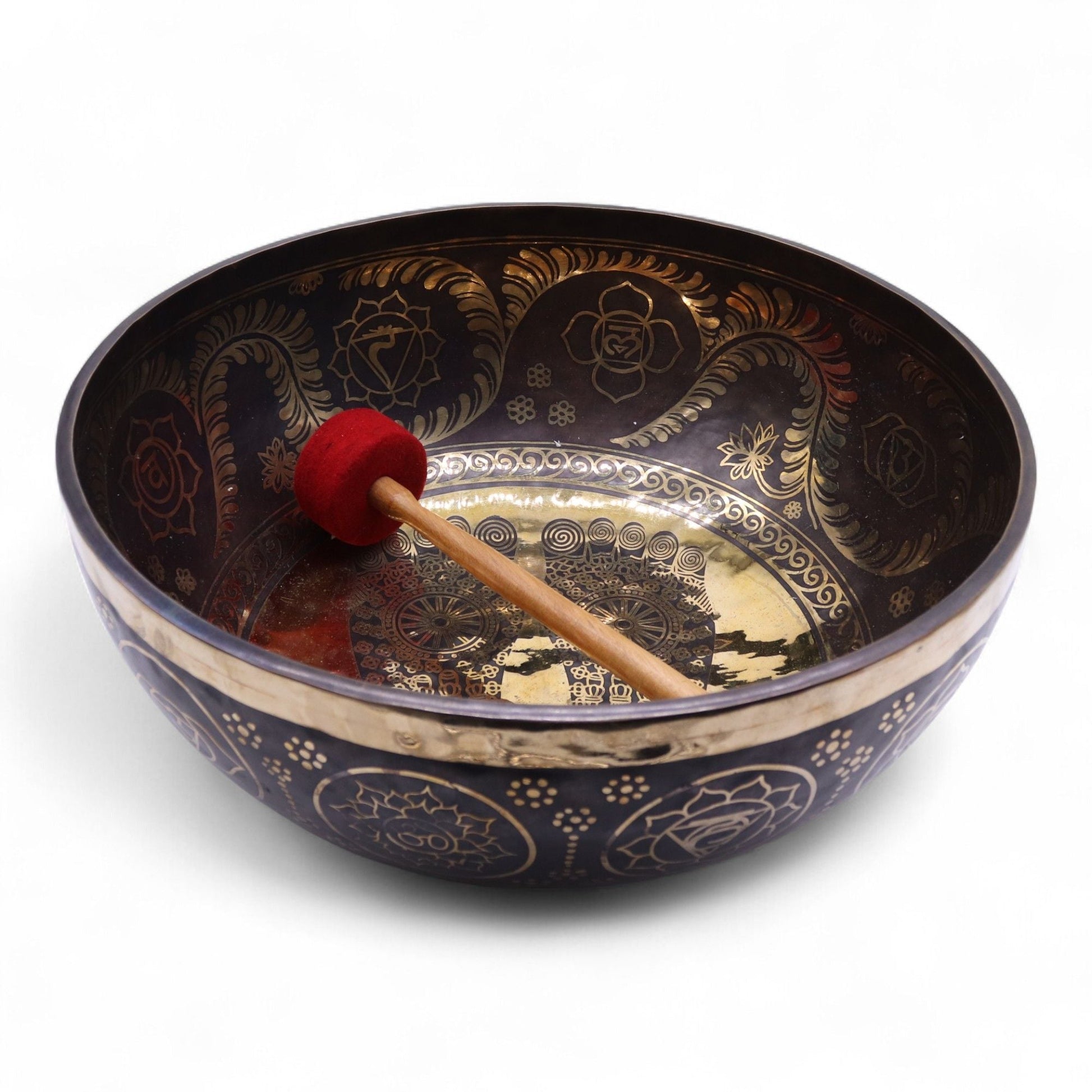 Brass Vibrational Standing Singing Bowl – 50x20CM handcrafted brass singing bowl with engraved patterns and wooden mallet