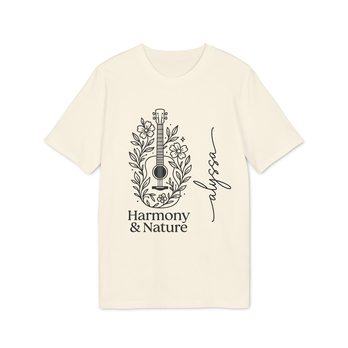 Alt Tag: Custom Harmony And Nature 100% Organic Cotton T-Shirt in cream with Harmony & Nature guitar and floral graphic and “alyss” script