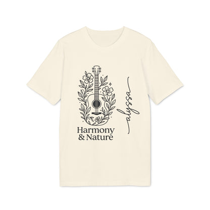 Alt Tag: Custom Harmony And Nature 100% Organic Cotton T-Shirt in cream with Harmony & Nature guitar and floral graphic and “alyss” script