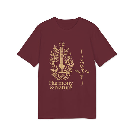 Alt Tag: Custom Harmony And Nature 100% Organic Cotton T-Shirt in burgundy with gold guitar and floral Harmony & Nature graphic print