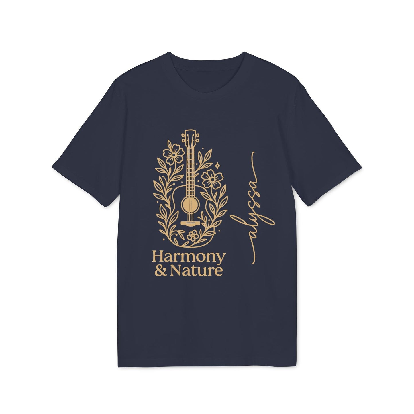Alt Tag: Custom Harmony And Nature 100% Organic Cotton T-Shirt navy with gold guitar and floral Harmony & Nature graphic design