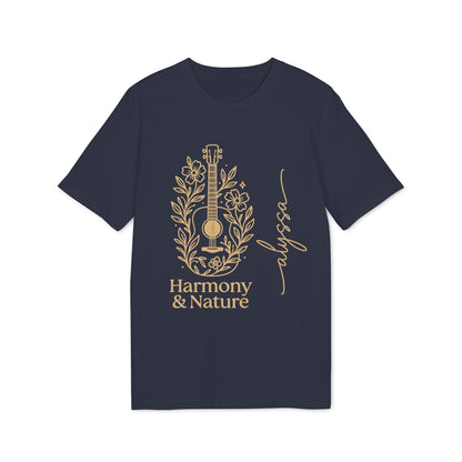 Alt Tag: Custom Harmony And Nature 100% Organic Cotton T-Shirt navy with gold guitar and floral Harmony & Nature graphic design