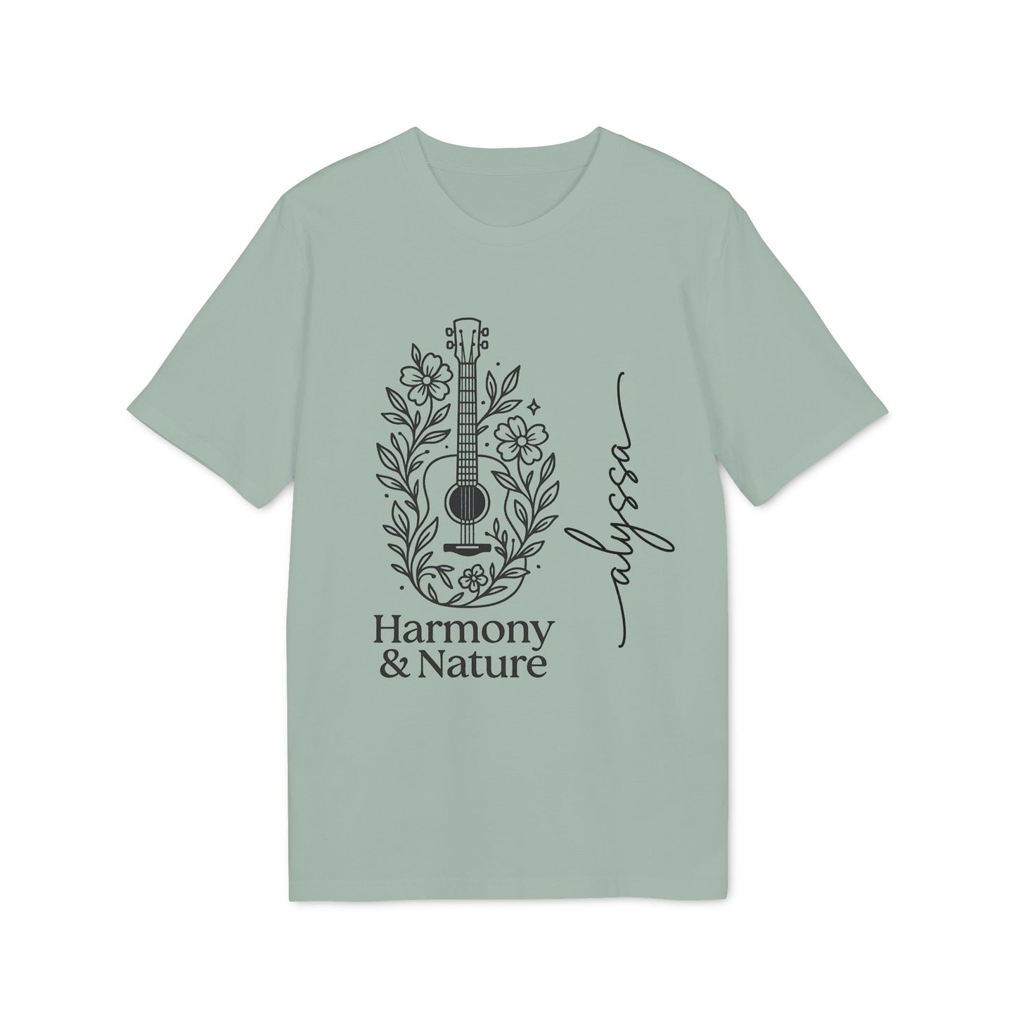 Alt Tag: Custom Harmony And Nature 100% Organic Cotton T-Shirt in sage green with Harmony & Nature guitar and floral graphic print