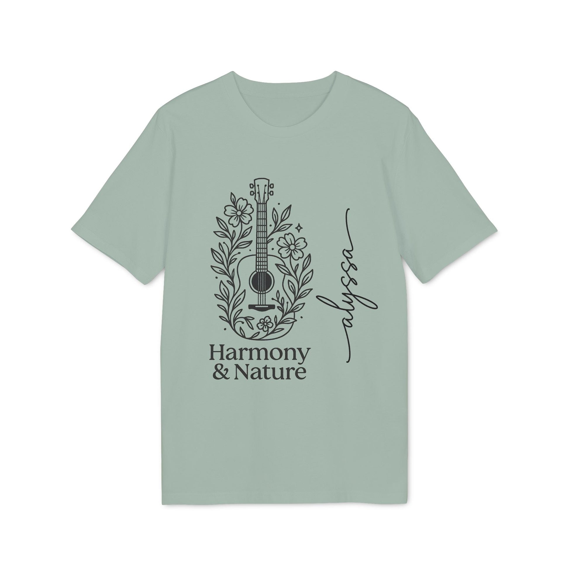 Alt Tag: Custom Harmony And Nature 100% Organic Cotton T-Shirt in sage green with Harmony & Nature guitar and floral graphic print