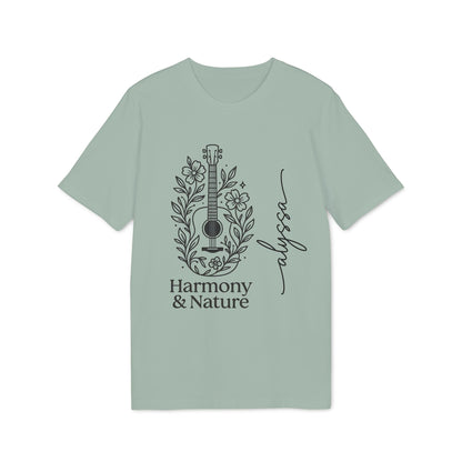 Alt Tag: Custom Harmony And Nature 100% Organic Cotton T-Shirt in sage green with Harmony & Nature guitar and floral graphic print