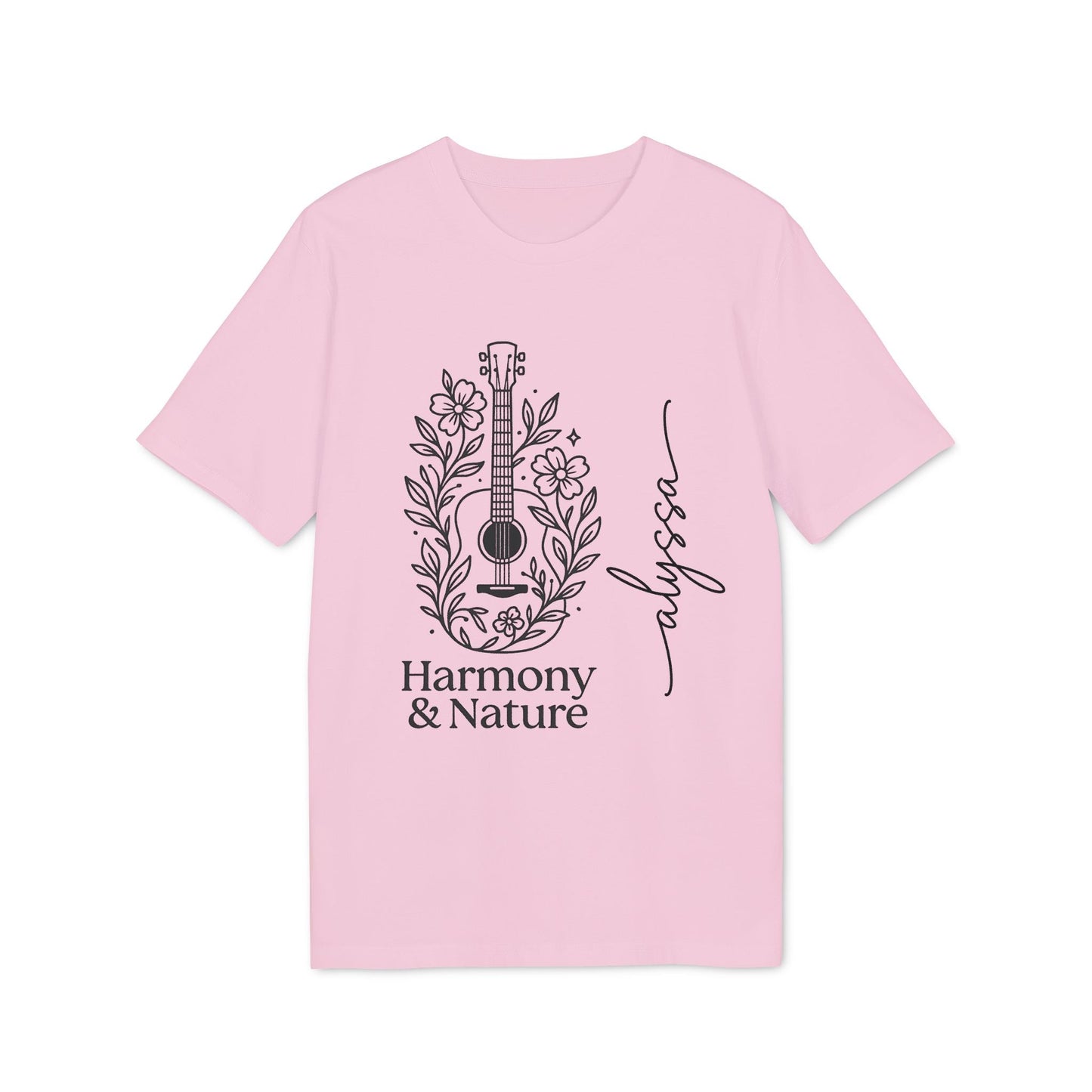 Alt Tag: Custom Harmony And Nature 100% Organic Cotton T-Shirt rosa con diseño de guitarra y flores, texto “Harmony & Nature” y “Jupys”