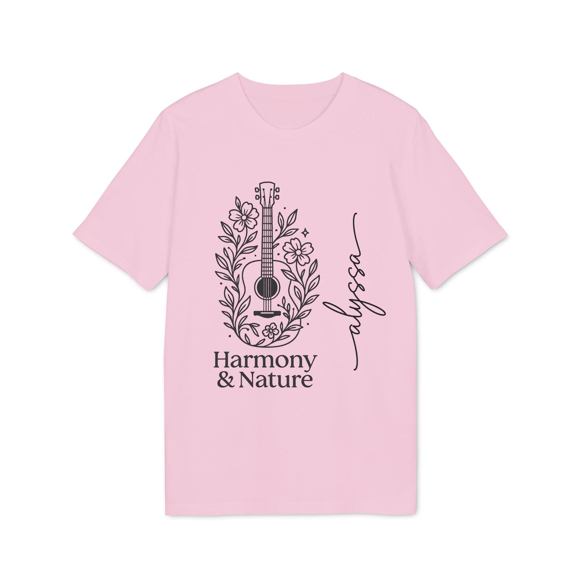 Alt Tag: Custom Harmony And Nature 100% Organic Cotton T-Shirt rosa con diseño de guitarra y flores, texto “Harmony & Nature” y “Jupys”