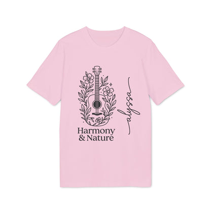 Alt Tag: Custom Harmony And Nature 100% Organic Cotton T-Shirt rosa con diseño de guitarra y flores, texto “Harmony & Nature” y “Jupys”