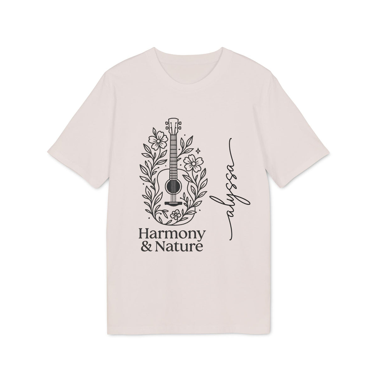 Custom Harmony And Nature 100% Organic Cotton T-Shirt con ilustración de guitarra y flores, diseño Harmony & Nature en color crema