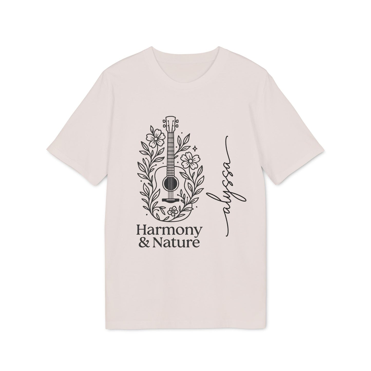 Custom Harmony And Nature 100% Organic Cotton T-Shirt con ilustración de guitarra y flores, diseño Harmony & Nature en color crema