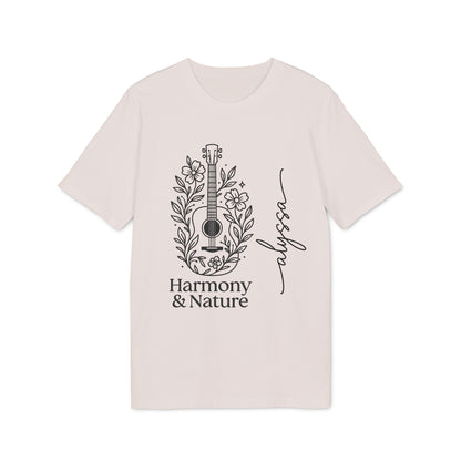 Custom Harmony And Nature 100% Organic Cotton T-Shirt con ilustración de guitarra y flores, diseño Harmony & Nature en color crema