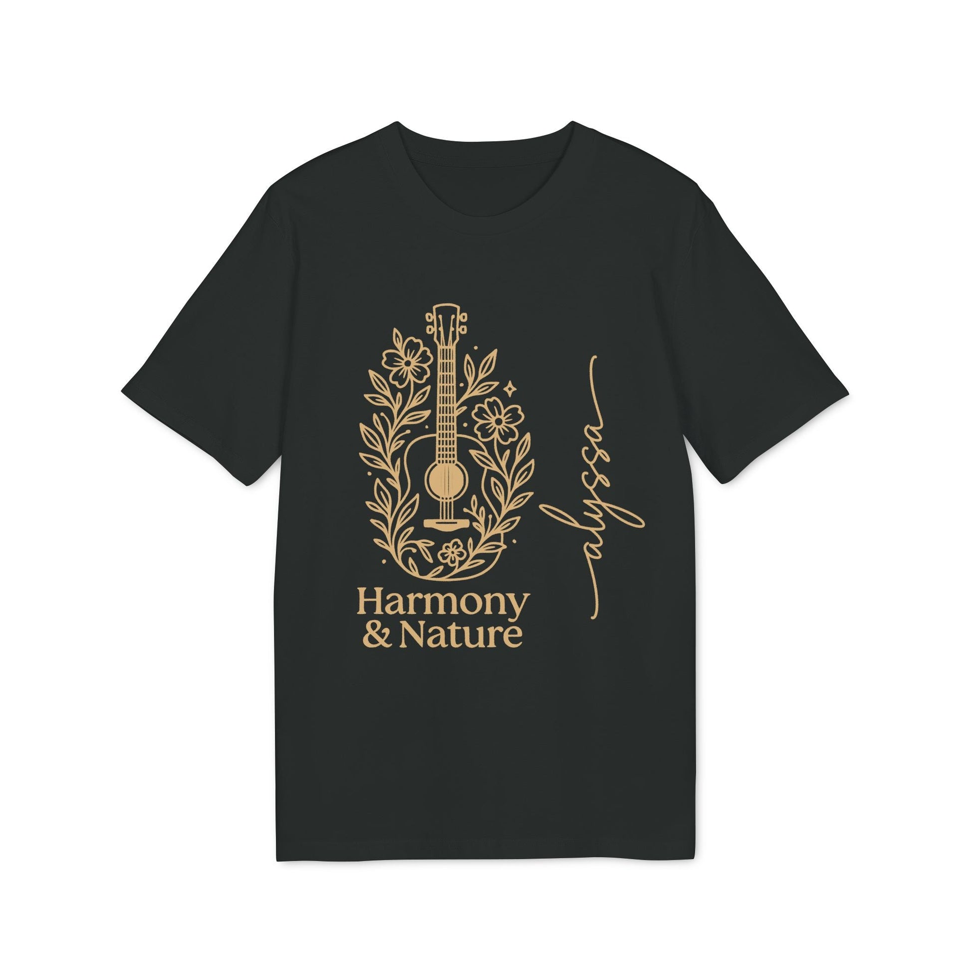 Alt Tag: Custom Harmony And Nature 100% Organic Cotton T-Shirt negra con diseño dorado de guitarra y flores, texto “Harmony & Nature”