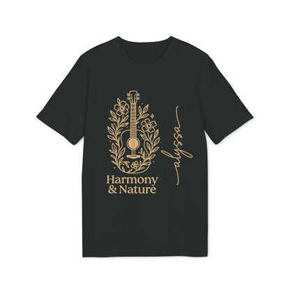 Alt Tag: Custom Harmony And Nature 100% Organic Cotton T-Shirt negra con diseño dorado de guitarra y flores, texto “Harmony & Nature”