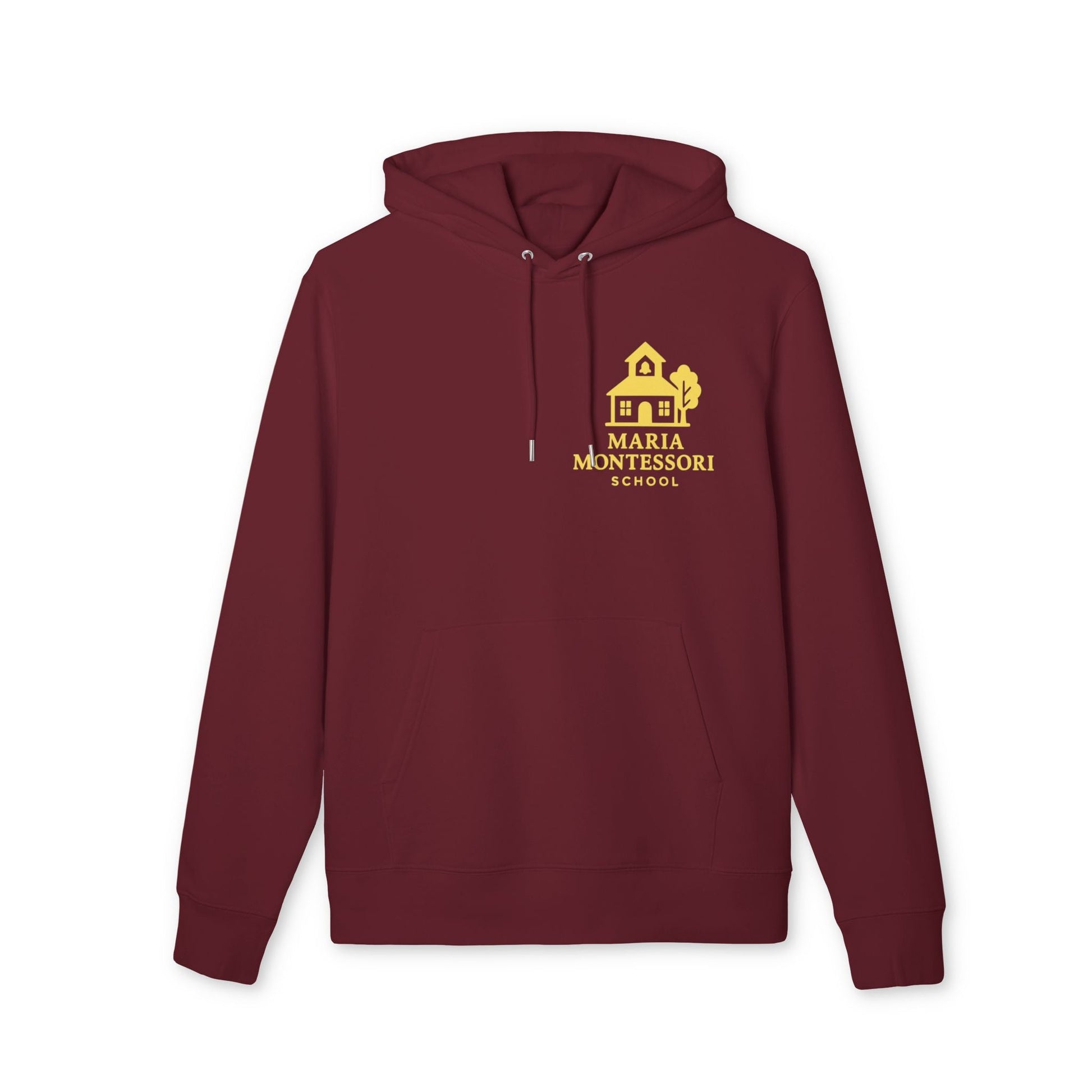 Impresión de tu propio logo en el frente para empresas y organizaciones, hoodie Premium Unisex, burdeos, pulóver de algodón orgánico con impresión del logo en el frente