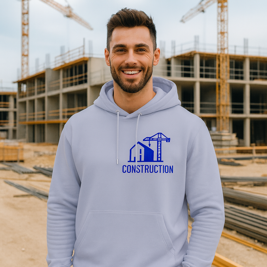 Tu Propio Logotipo Impreso en el Frontal Para Empresas y Organizaciones Sudadera con Capucha Premium Unisex con logotipo de construcción azul en el frontal, usada en obra