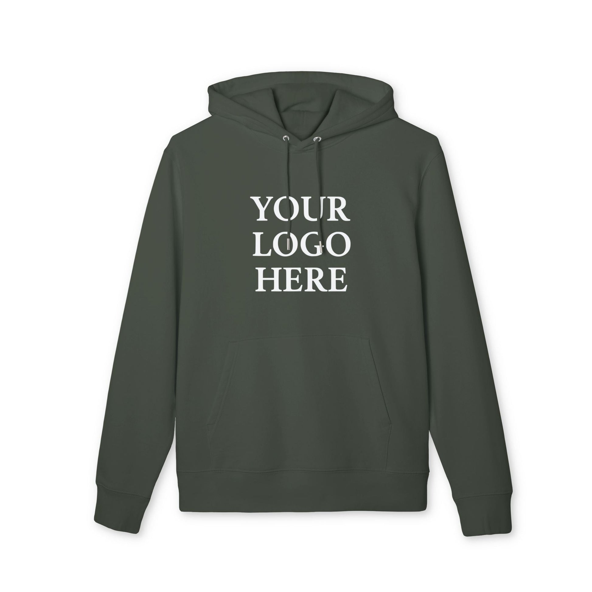 Alt Tag: Tu propio logo estampado en el frente para empresas y organizaciones Sudadera con capucha Premium Unisex en verde oscuro con área frontal para estampar el logo