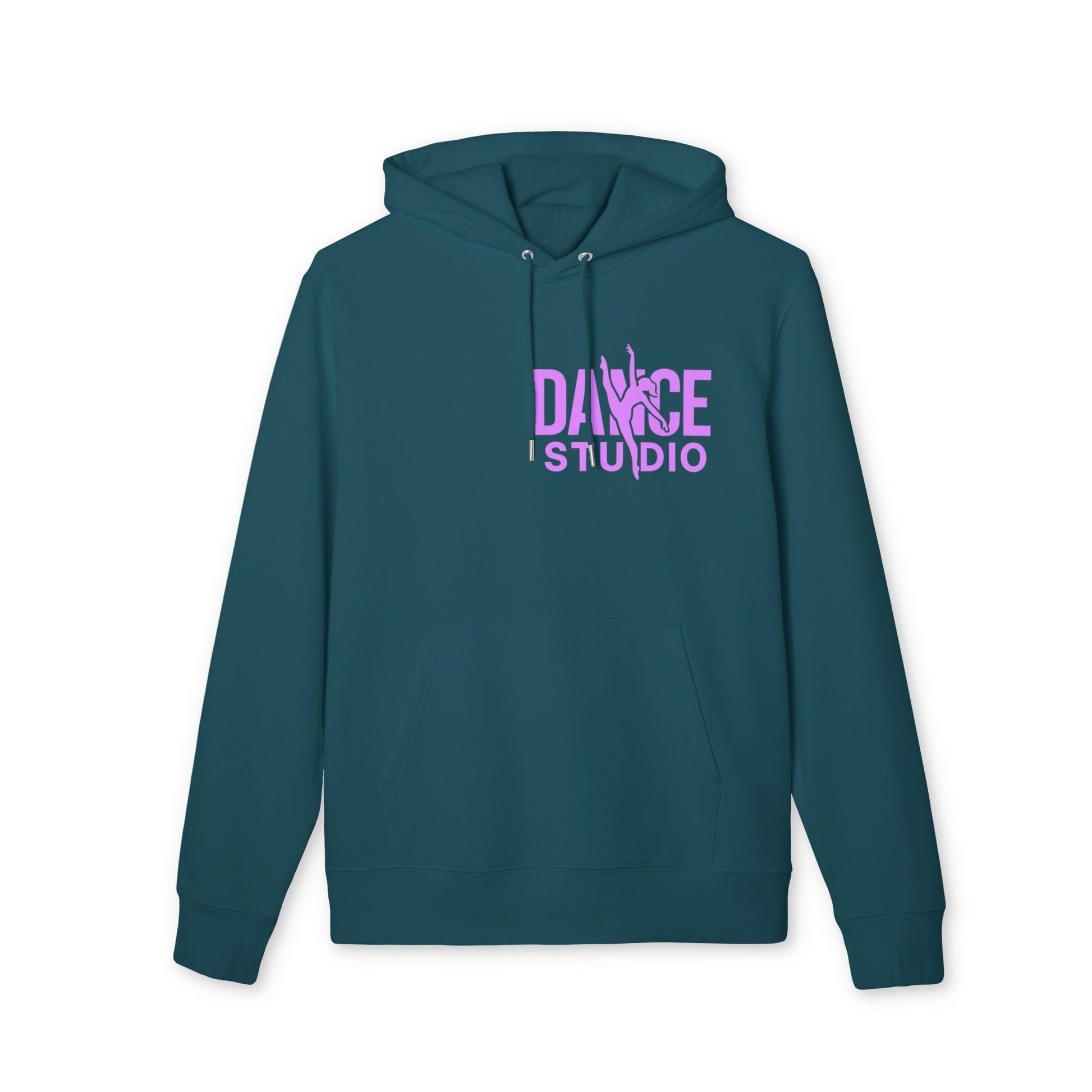 Tu propio logo estampado en el frente Empresas y organizaciones Hoodie Premium Unisex hoodie de algodón orgánico verde azulado con estampado del logo Dance Studio en rosa