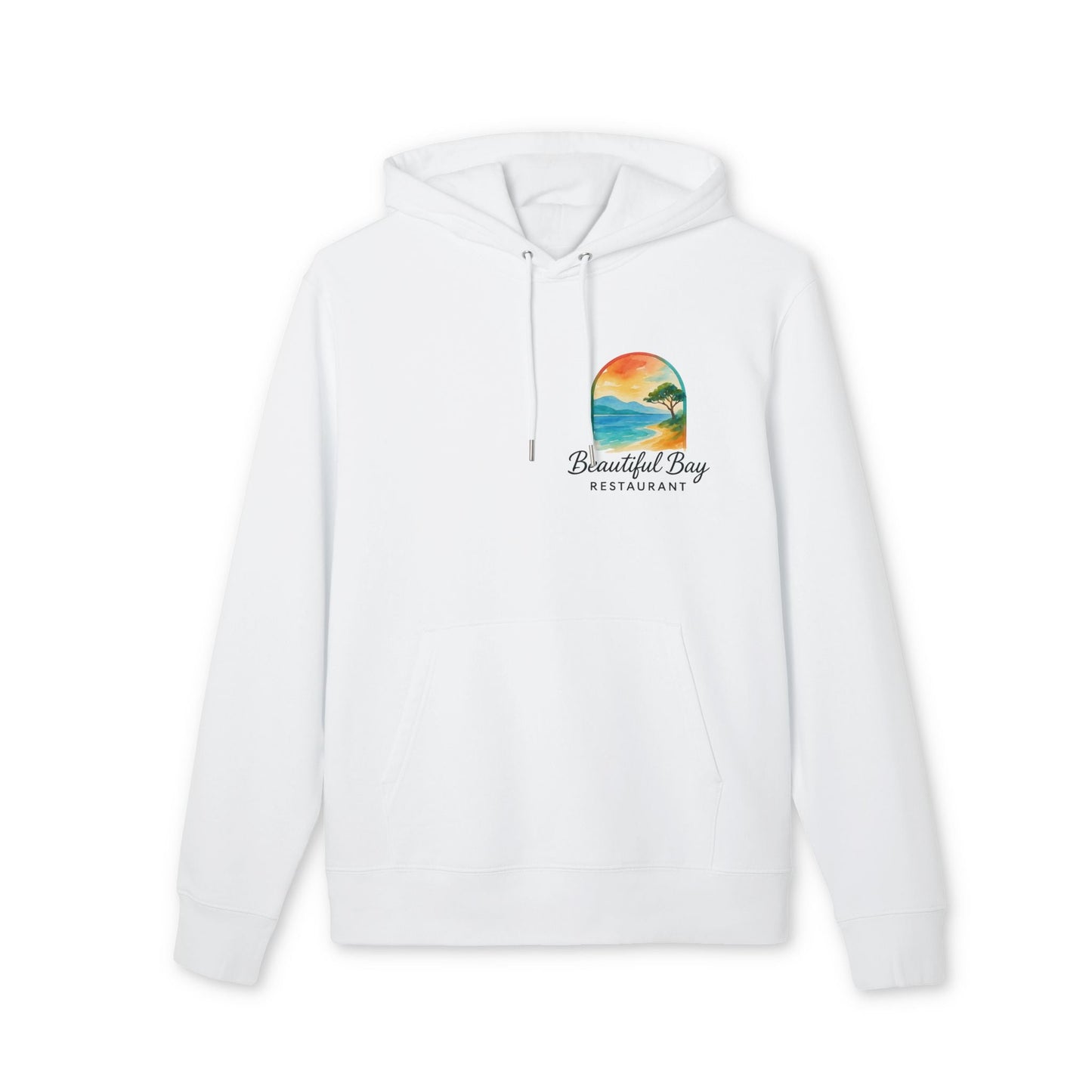 Tu propio logo impreso en el frontal para empresas y organizaciones Sudadera con capucha Premium Unisex blanca con impresión de logo frontal "Beautiful Bay Restaurant"