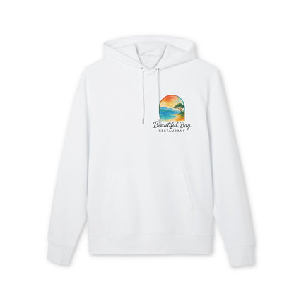 Tu propio logo impreso en el frontal para empresas y organizaciones Sudadera con capucha Premium Unisex blanca con impresión de logo frontal "Beautiful Bay Restaurant"