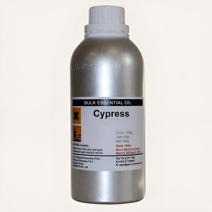 Cypress Essential Oil – 0.5KG Bulk silver bottle bulk essential oil with Cypress label, 500g size