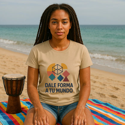 Dale Forma A Tu Mundo Premium Unisex T-Shirt en modelo sentada en la playa, camiseta beige con gráfico geométrico y texto