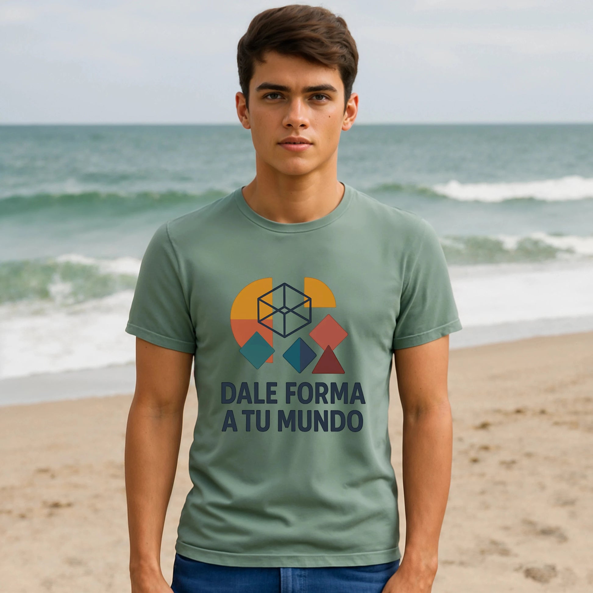 Alt Tag: Dale Forma A Tu Mundo Premium Unisex T-Shirt con diseño geométrico y texto “DALE FORMA A TU MUNDO” en camiseta verde
