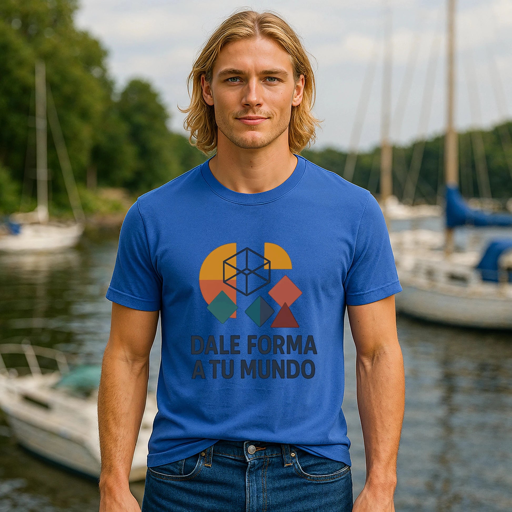Dale Forma A Tu Mundo Premium Unisex T-Shirt en color azul, modelo unisex con gráfico geométrico y texto “DALE FORMA A TU MUNDO”