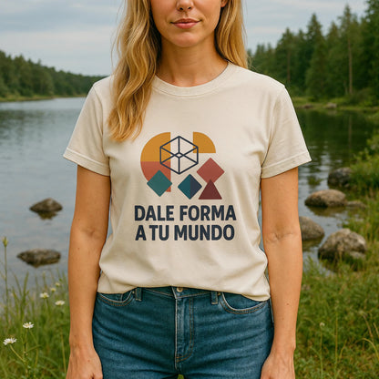 Dale Forma A Tu Mundo Premium Unisex T-Shirt camiseta unisex premium color crema con gráfico geométrico, modelo al aire libre junto a lago