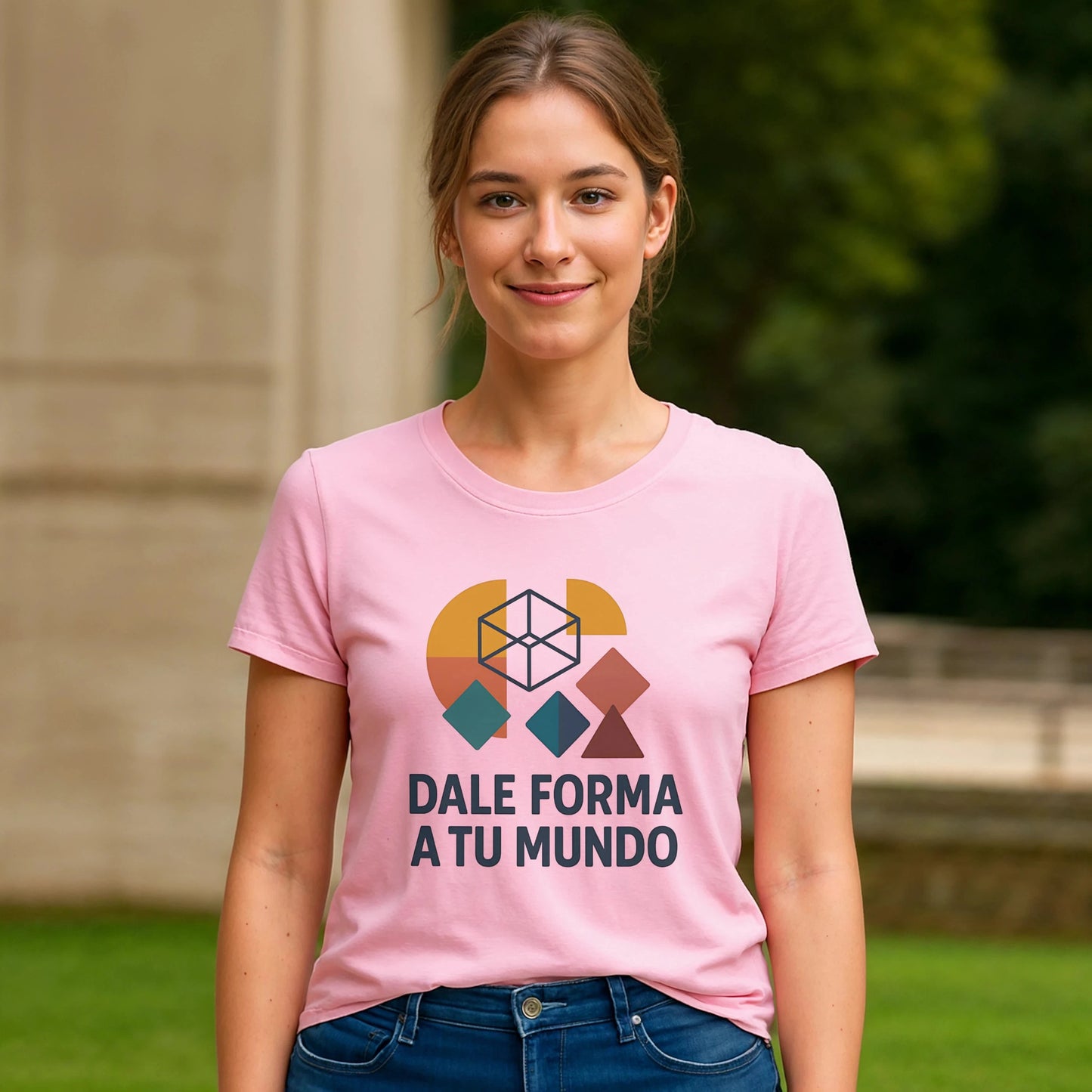 Dale Forma A Tu Mundo Premium Unisex T-Shirt rosa en modelo, con gráfico geométrico y texto "DALE FORMA A TU MUNDO" al frente