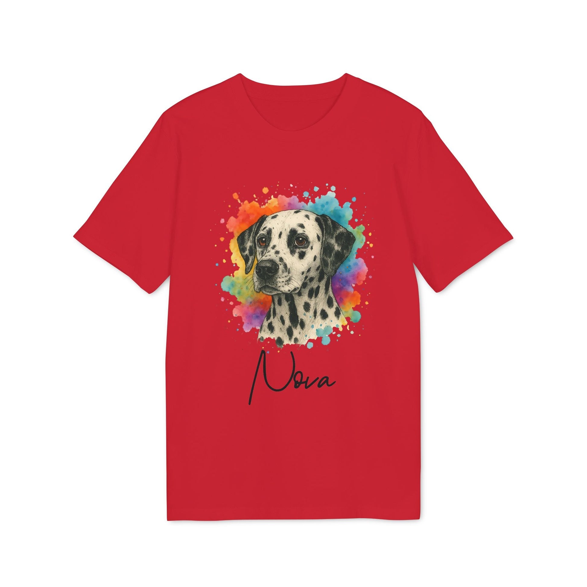 Dalmatian Personalized Dog Sustainable Unisex Tee red t-shirt with watercolor Dalmatian portrait and custom name Nova