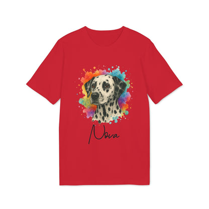 Dalmatian Personalized Dog Sustainable Unisex Tee red t-shirt with watercolor Dalmatian portrait and custom name Nova