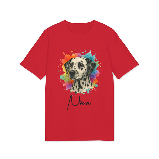 Dalmatian Personalized Dog Sustainable Unisex Tee red t-shirt with watercolor Dalmatian portrait and custom name Nova