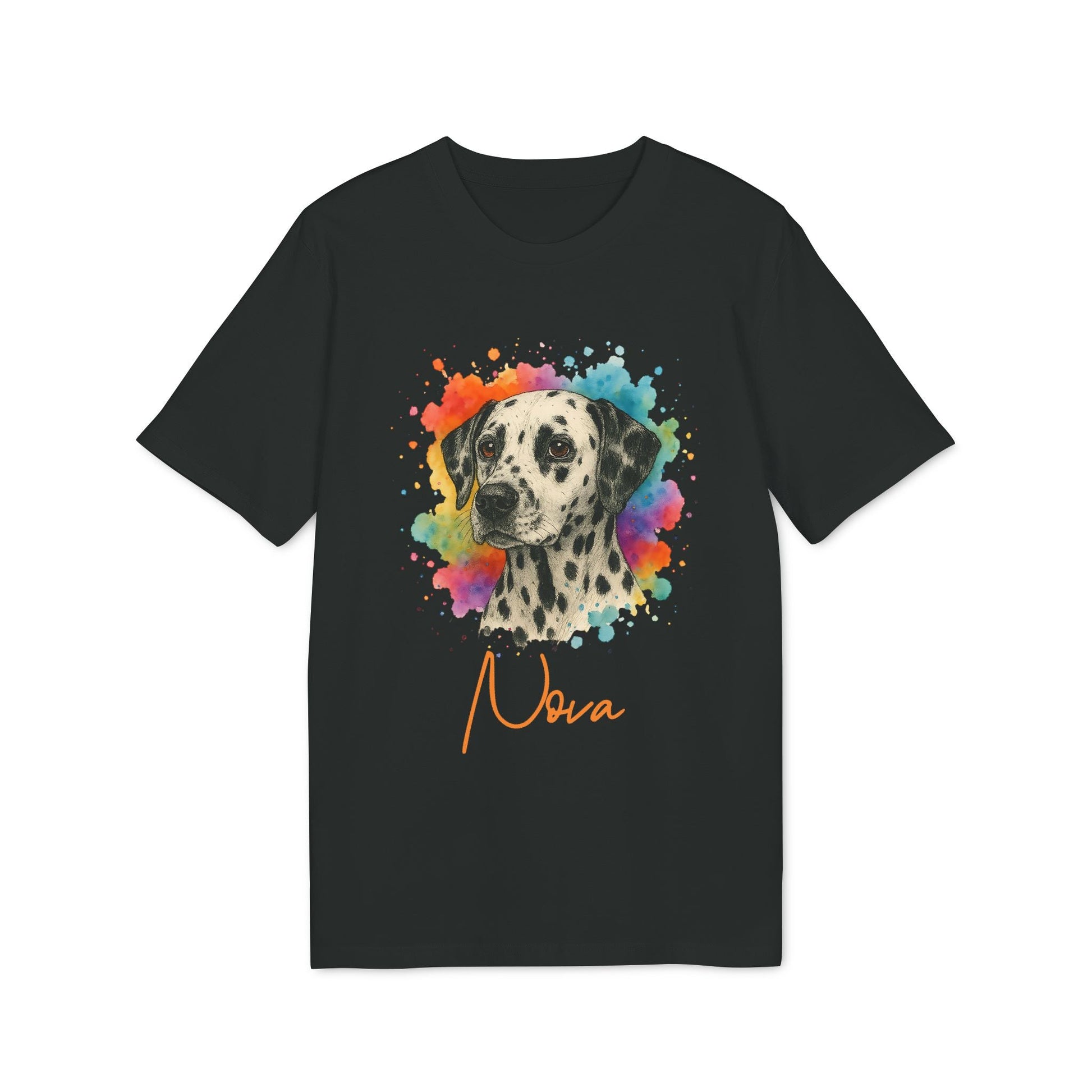 Alt Tag: Dalmatian Personalized Dog Sustainable Unisex Tee black t-shirt with colorful watercolor Dalmatian portrait and name “Nova”