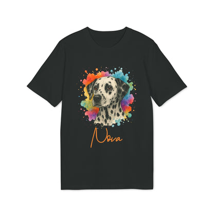 Alt Tag: Dalmatian Personalized Dog Sustainable Unisex Tee black t-shirt with colorful watercolor Dalmatian portrait and name “Nova”