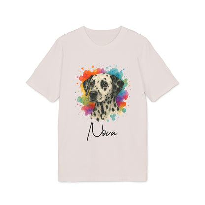 Alt Tag: Dalmatian Personalized Dog Sustainable Unisex Tee with watercolor dalmatian portrait and custom name “Nova” on white t-shirt