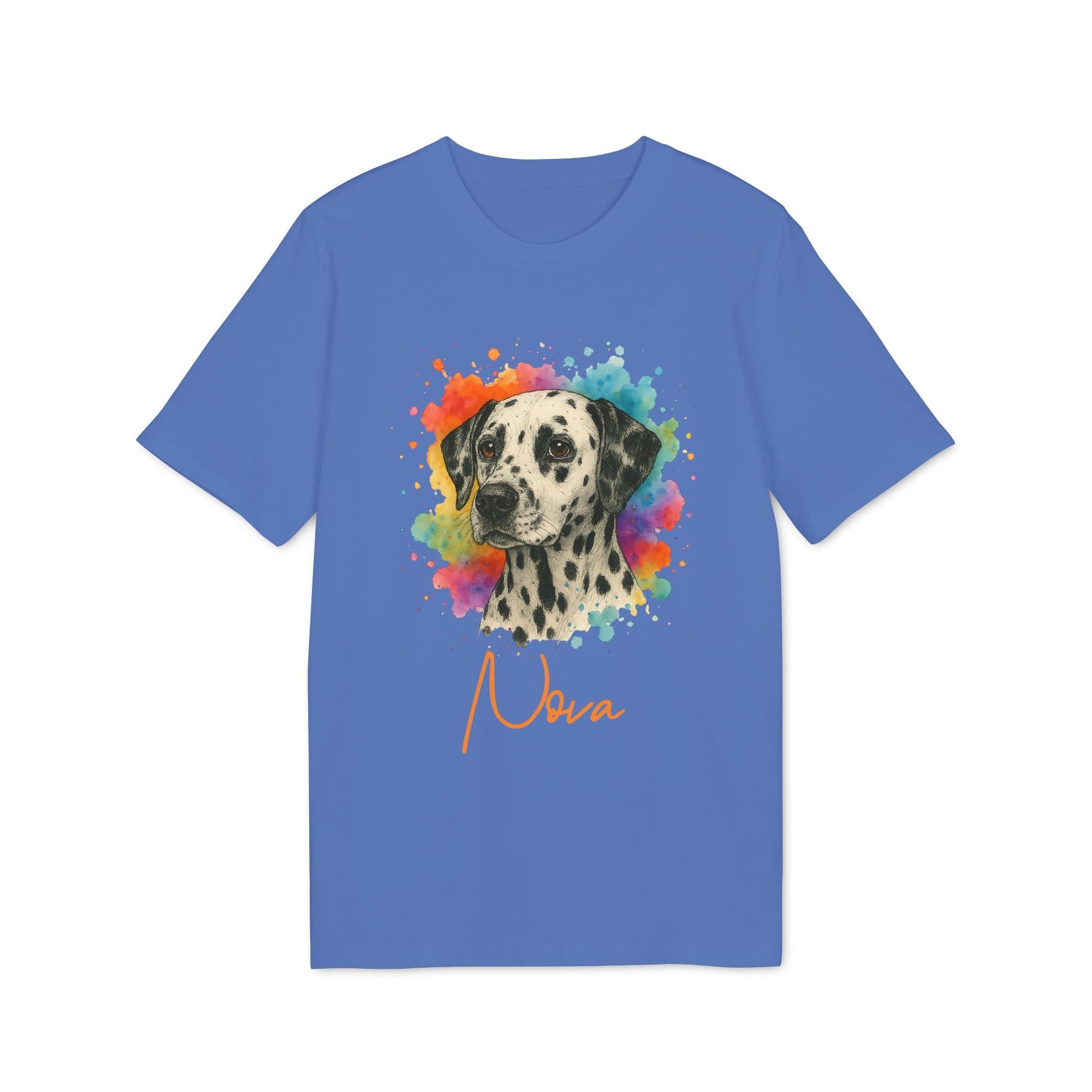 Dalmatian Personalized Dog Sustainable Unisex Tee in blue with colorful watercolor dalmatian portrait and custom name "Nova"