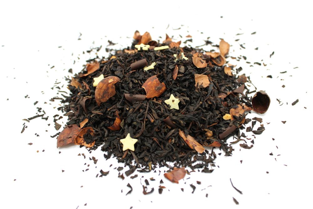 Dark Chocolate Artisan Tea Blend – 50G con hojas de té negro, trozos de chocolate blanco y negro, almendra crocanti y estrellas